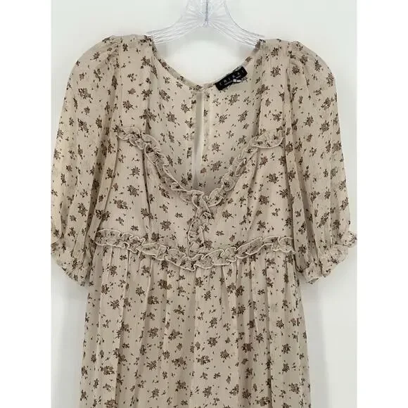 Trixxi Boho Floral Ruffle Mini Dress Beige Sheer Puff Sleeve Women’s Large - Picture 3 of 13